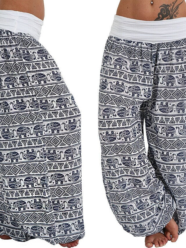 Womenâ€˜s Harem Pants Wide Leg Fold Over Waist Palazzo Bohemia Zumba Belly Dance Yoga Bloomers Bottoms Elephant Hippie Boho Navy ArmyGreen White Plus Size Sports Activewear - LuckyFash™