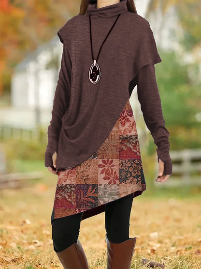 Women's Casual Dress Shift Dress Floral Leaf Patchwork Cowl Neck Mini Dress Vintage Ethnic Daily Long Sleeve Fall Winter