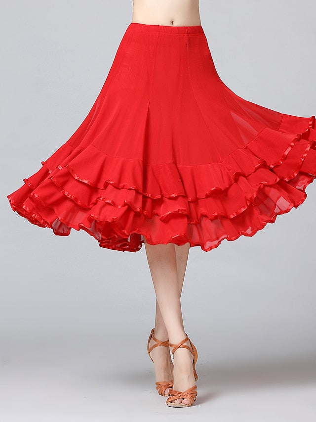 Ballroom Waltz Modern Dancing Latin Dance Skirts Pleats Cascading Ruffles Wave-like Women's Training Performance Natural Mesh Milk Fiber - LuckyFash™