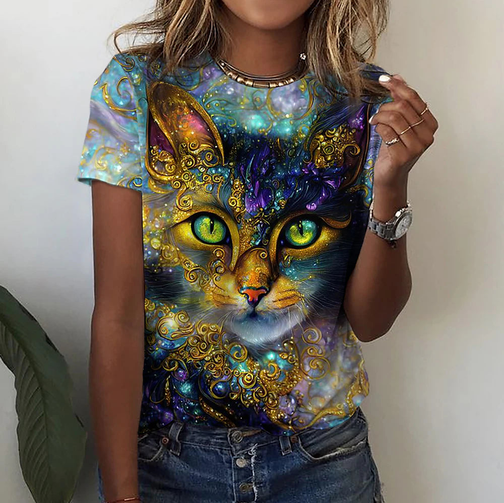 Women's T shirt Tee Cat 3D Daily Weekend Print Yellow Short Sleeve Basic Round Neck