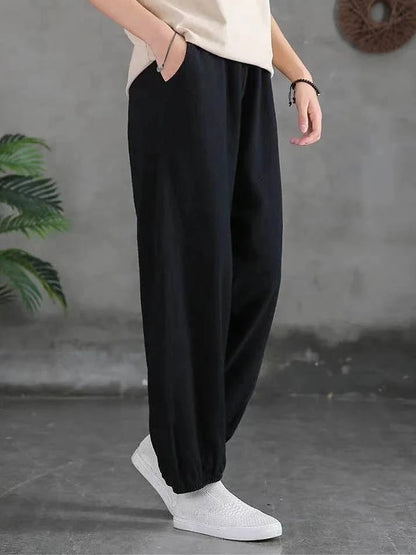 Women's Sweatpants Linen Cotton Blend Plain Light Yellow Black Vacation High Waist Full Length Street Daily Fall Winter