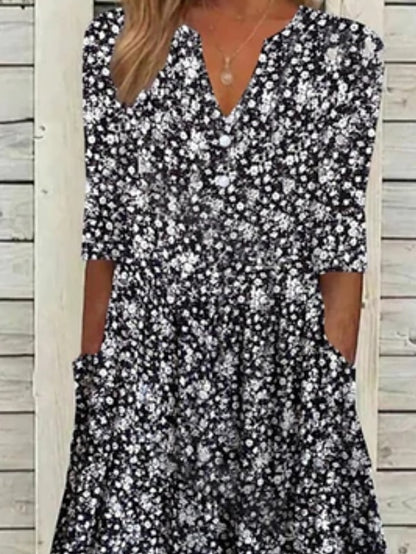 Women's Casual Dress Sheath Dress Floral Dress Midi Dress Black Half Sleeve Floral Ruched Spring Summer V Neck Casual Weekend 2023 S M L XL XXL 3XL - LuckyFash™