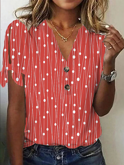 Women's T shirt Tee Striped Daily Weekend Button Cut Out Print Red Short Sleeve Basic Round Neck