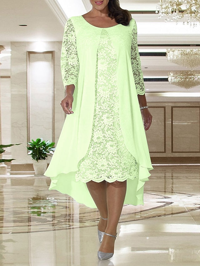 A-Line Mother of the Bride Dress Plus Size Elegant Jewel Neck Knee Length Chiffon Lace Long Sleeve with Lace 2023 - LuckyFash™