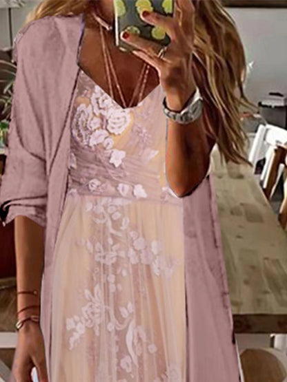 Women's Two Piece Dress Set Lace Dress Casual Dress Outdoor Daily Elegant Fashion Lace Ruffle Long Dress Maxi Dress V Neck 3/4 Length Sleeve Floral Plain Loose Fit Pink Light Purple Summer Spring S M