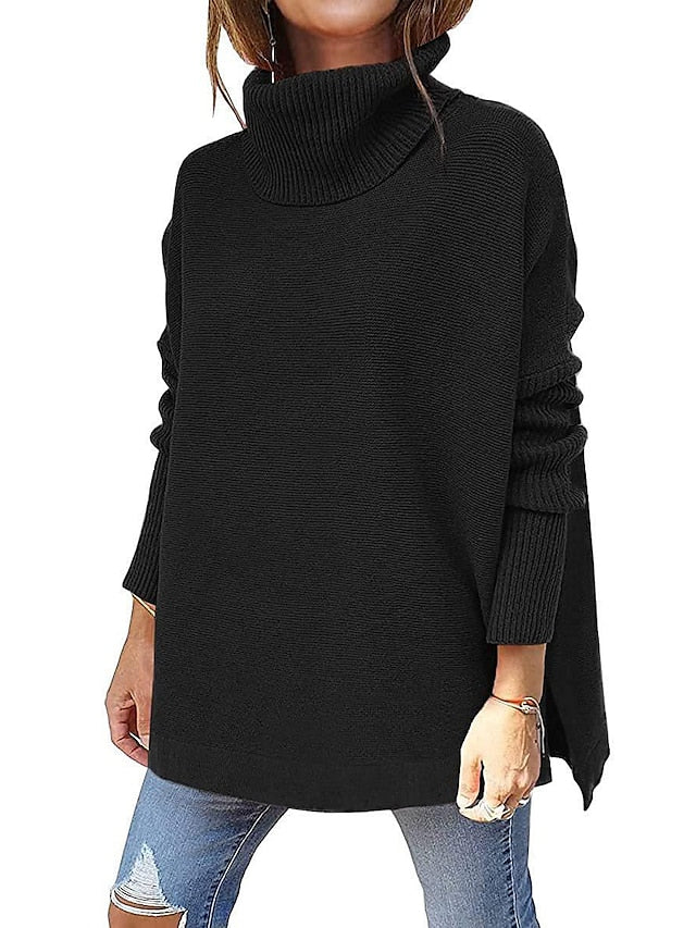 Women's Pullover Sweater Jumper Turtleneck Ribbed Knit Acrylic Patchwork Fall Winter Regular Daily Going out Weekend Stylish Casual Soft Long Sleeve Solid Color claret Olive Green Black S M L