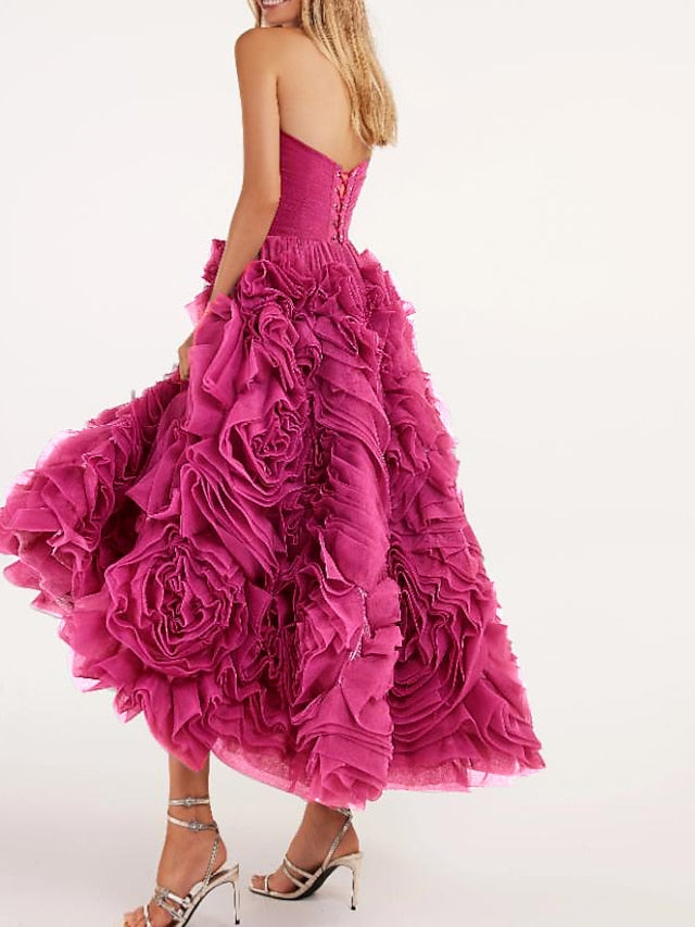 A-Line Prom Dresses Floral Dress Masquerade Ankle Length Sleeveless Strapless Tulle Backless with Floral 2023 - LuckyFash™