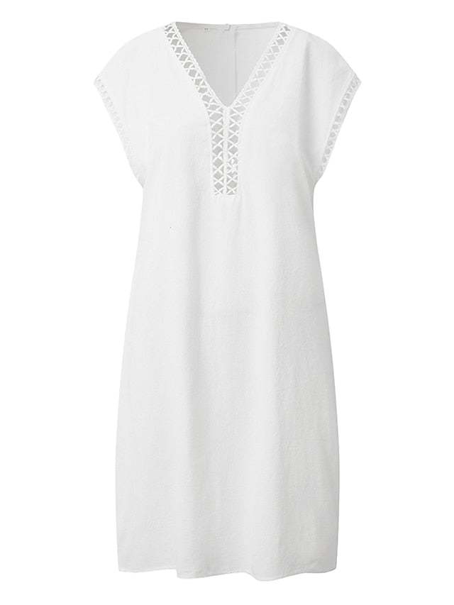 Women's Cotton Linen Dress Casual Dress Shift Dress Midi Dress Cotton Fashion Modern Outdoor Daily Vacation V Neck Cut Out Short Sleeve Summer Spring 2023 Regular Fit White Blue Green Plain S M L XL - LuckyFash™