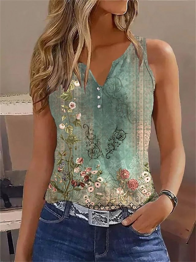 Women's Tank Top Floral Casual Holiday Button Print White Short Sleeve Basic V Neck