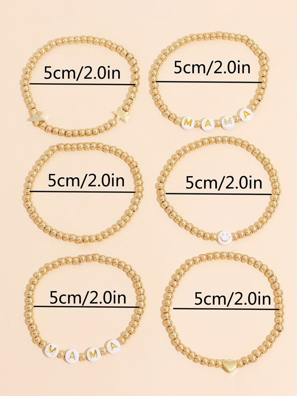 Gold 6Pcs MAMA Heart Star Shape Beaded Bracelet Set