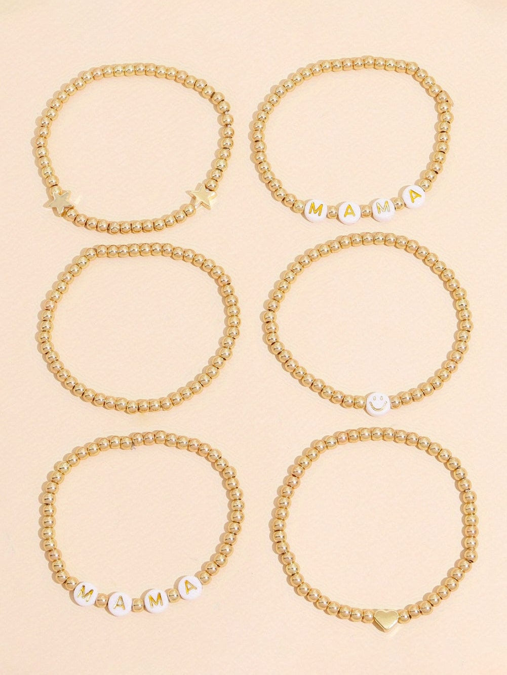 Gold 6Pcs MAMA Heart Star Shape Beaded Bracelet Set