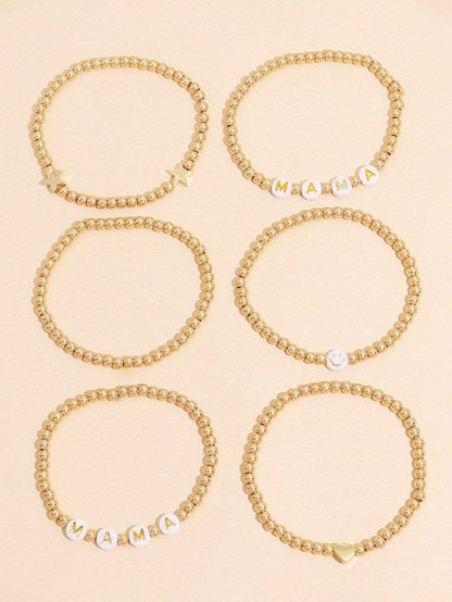 Gold 6Pcs MAMA Heart Star Shape Beaded Bracelet Set