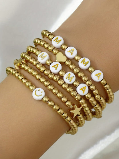 Gold 6Pcs MAMA Heart Star Shape Beaded Bracelet Set