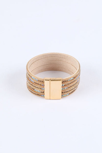 Gold Full Diamond Leather Wide Edge Magnetic Buckle Bracelet