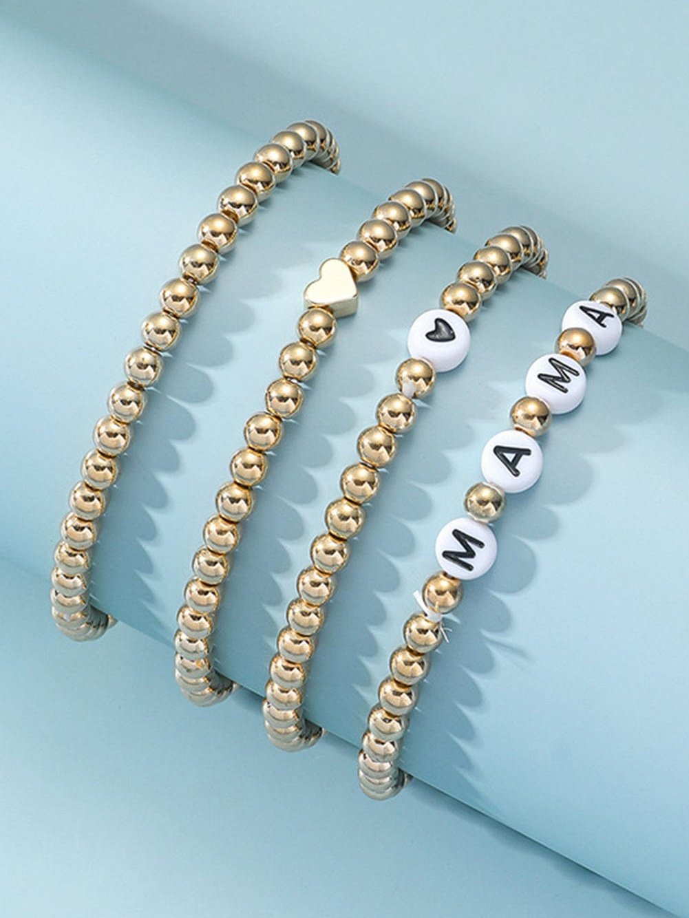 Gold MAMA Heart Bead 4Pcs Bracelets Set