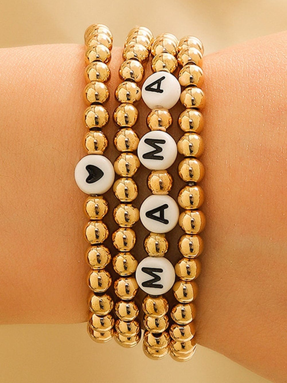 Gold MAMA Heart Bead 4Pcs Bracelets Set