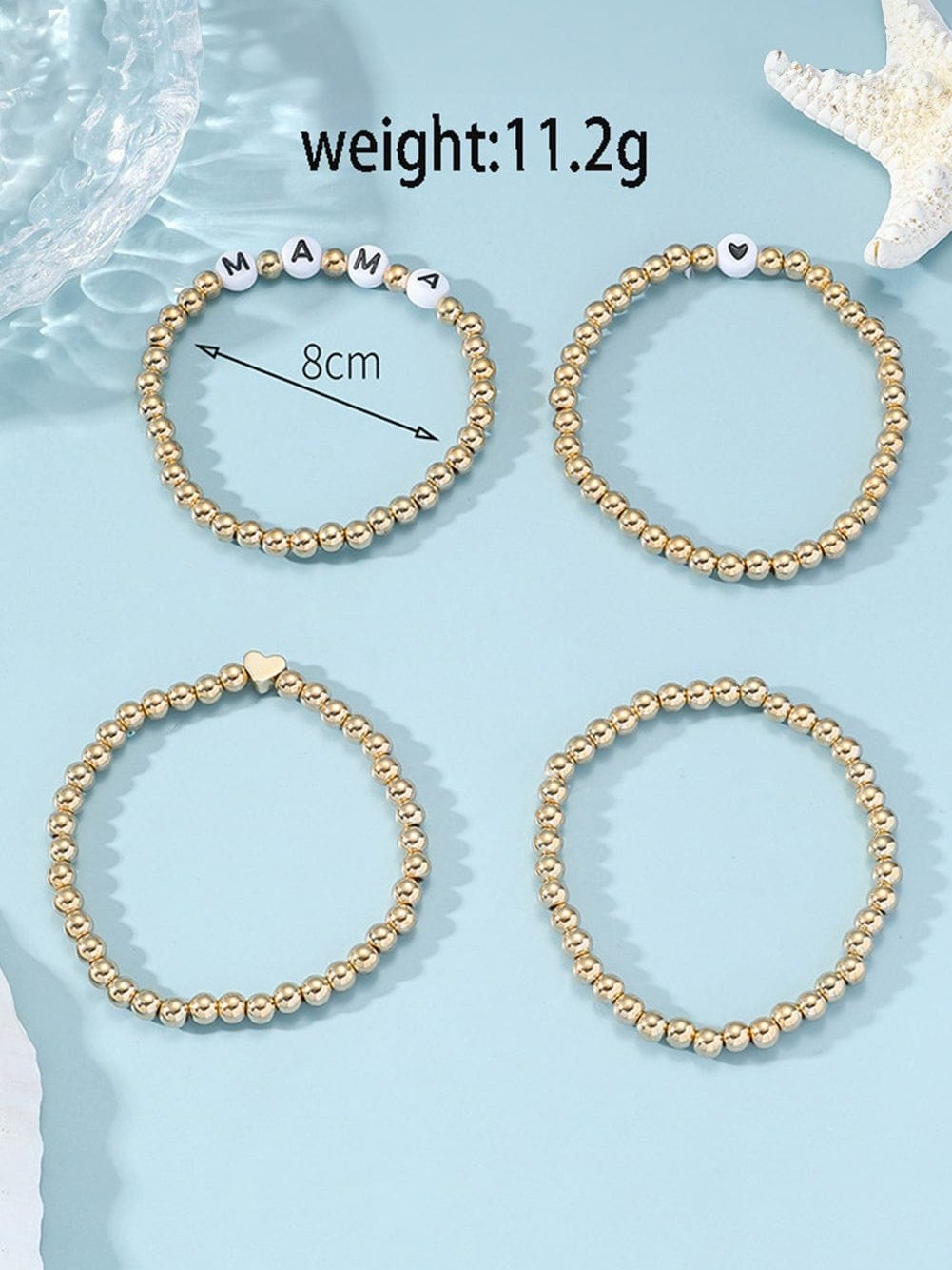 Gold MAMA Heart Bead 4Pcs Bracelets Set