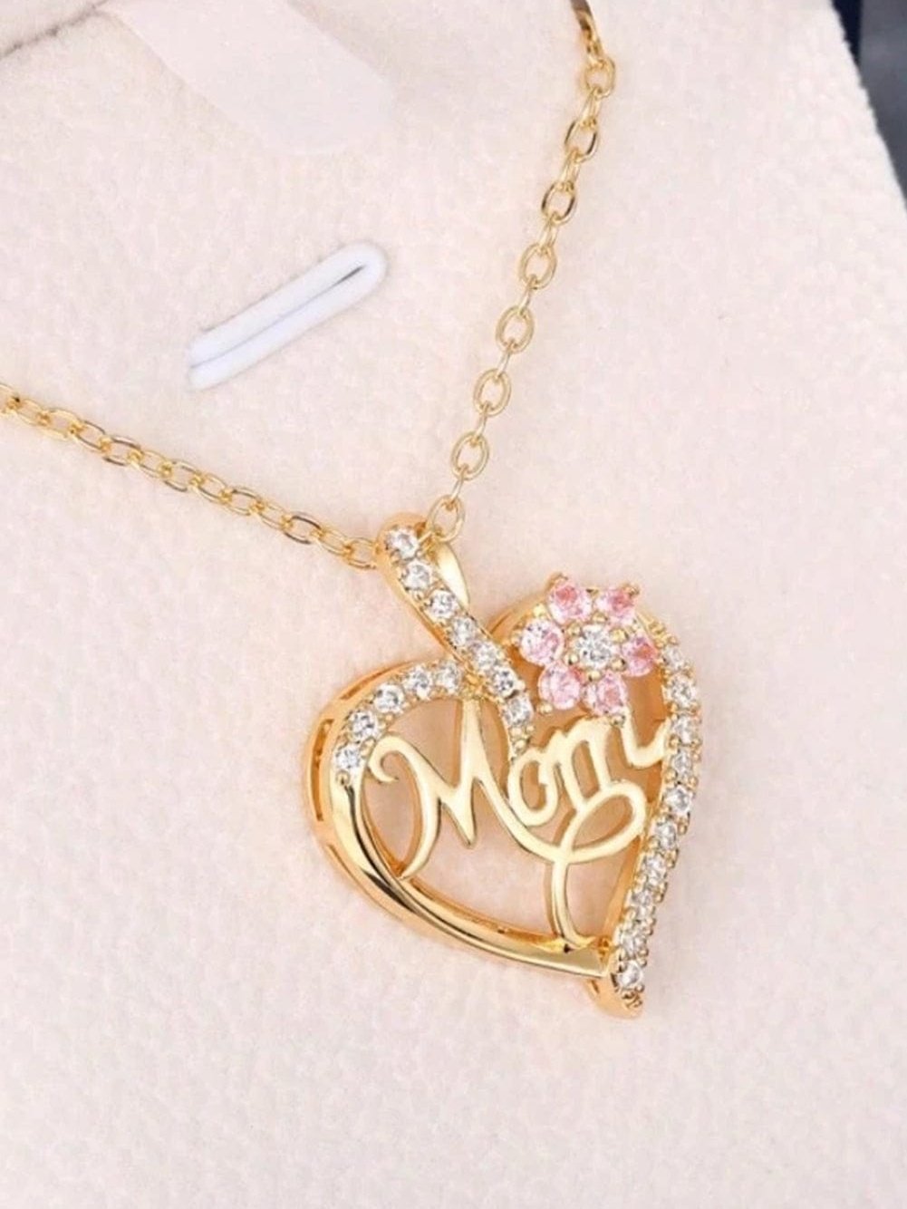 Gold Mom Rhinestone Flower Hollow-out Heart Necklace