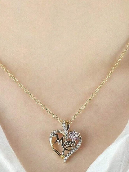 Gold Mom Rhinestone Flower Hollow-out Heart Necklace