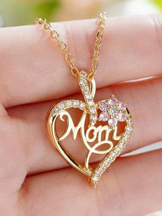 Gold Mom Rhinestone Flower Hollow-out Heart Necklace