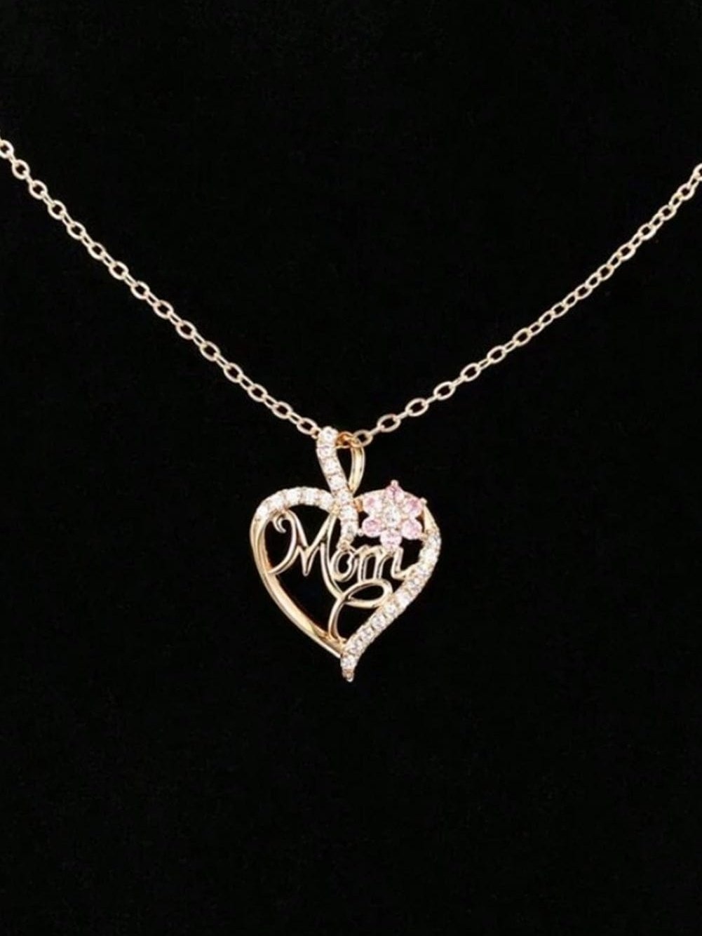 Gold Mom Rhinestone Flower Hollow-out Heart Necklace