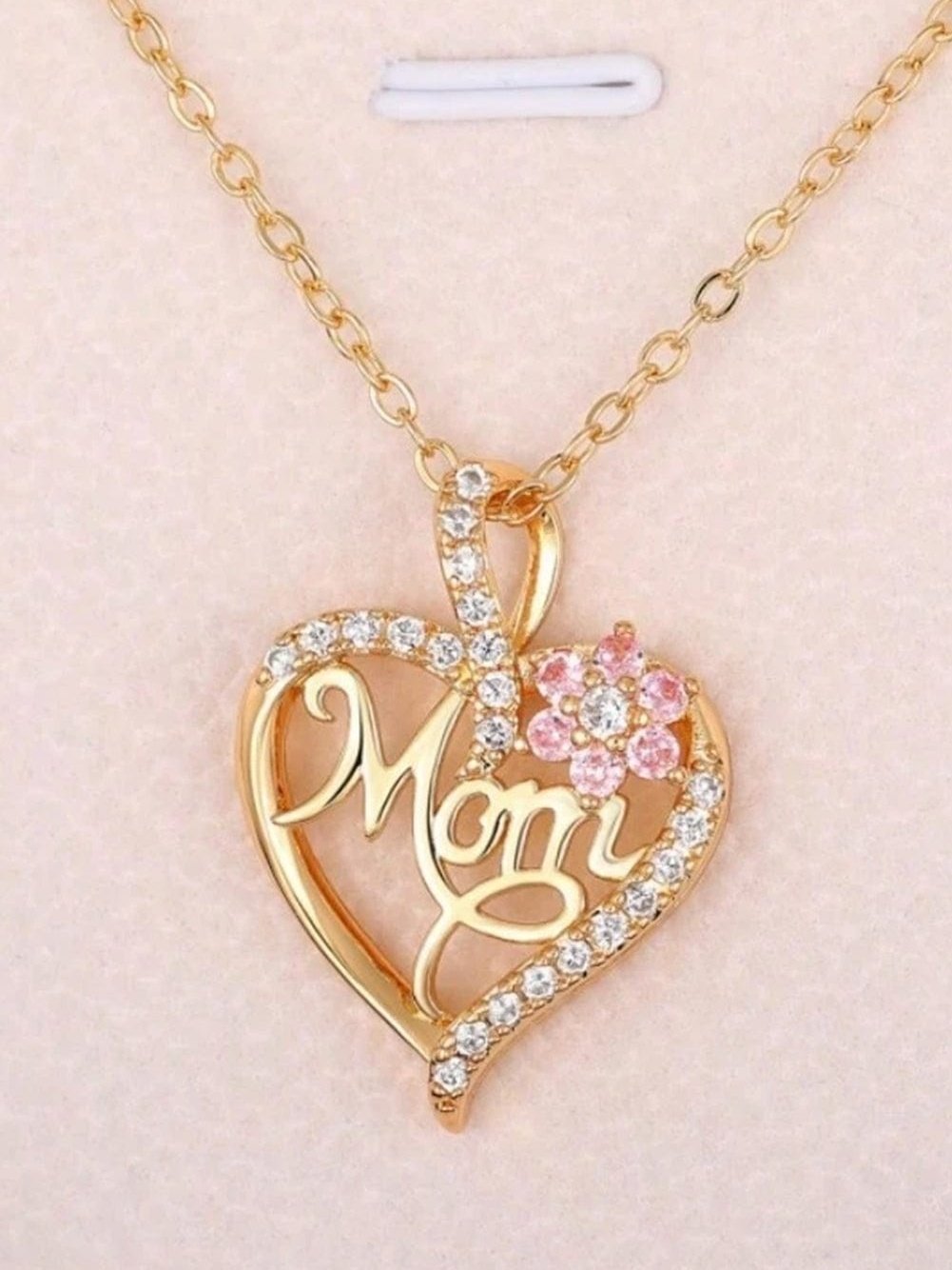 Gold Mom Rhinestone Flower Hollow-out Heart Necklace