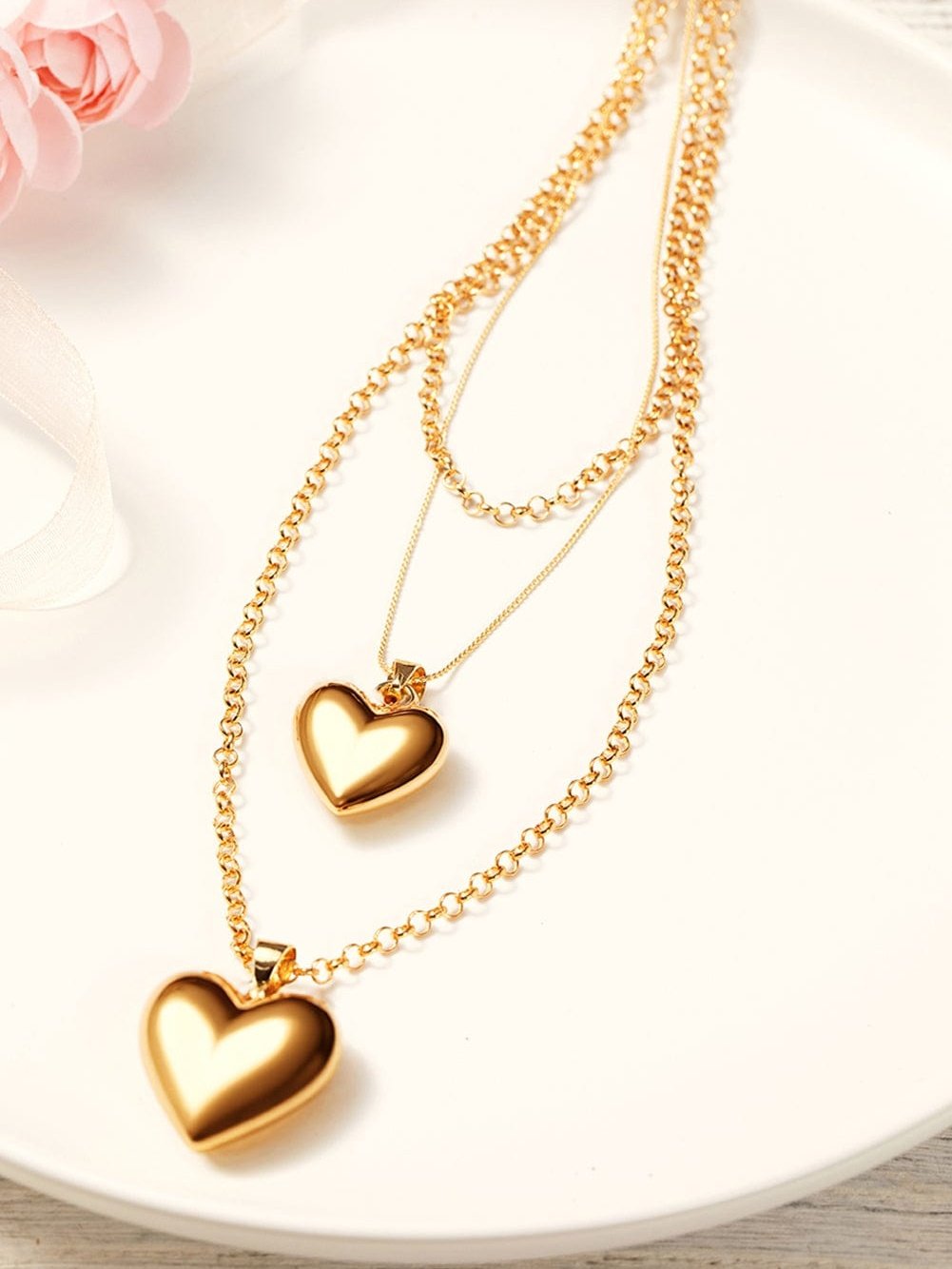 Gold Multilayer Heart Shape Pendant Valentine Necklace