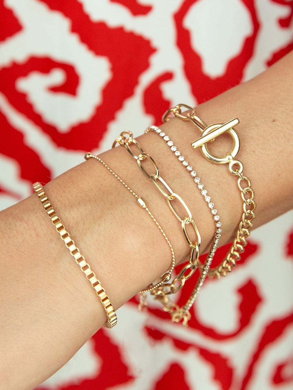 Gold Rhinestone Geometric 5-pcs Bracelet Set