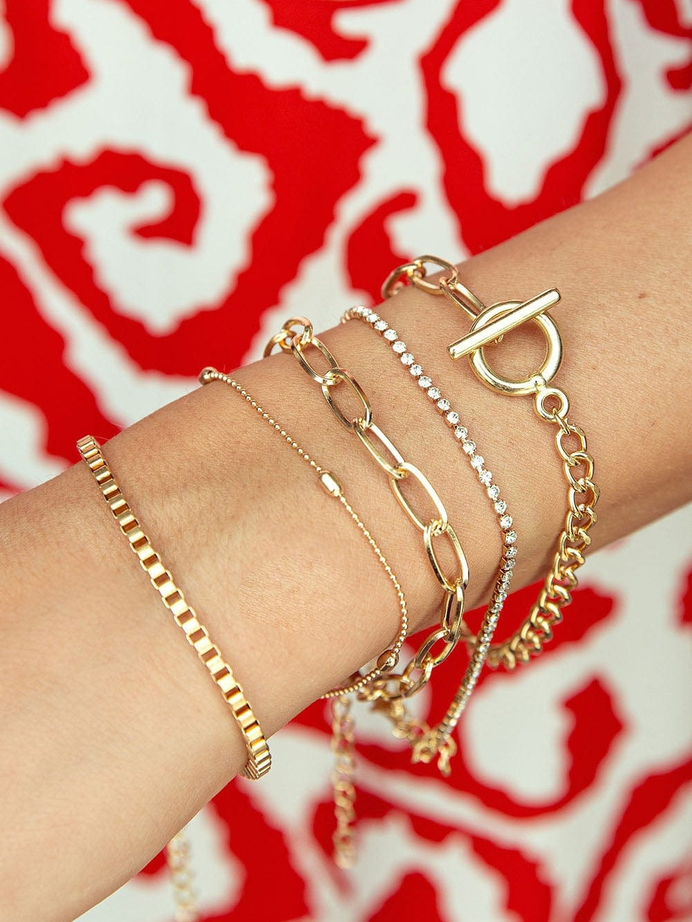 Gold Rhinestone Geometric 5-pcs Bracelet Set