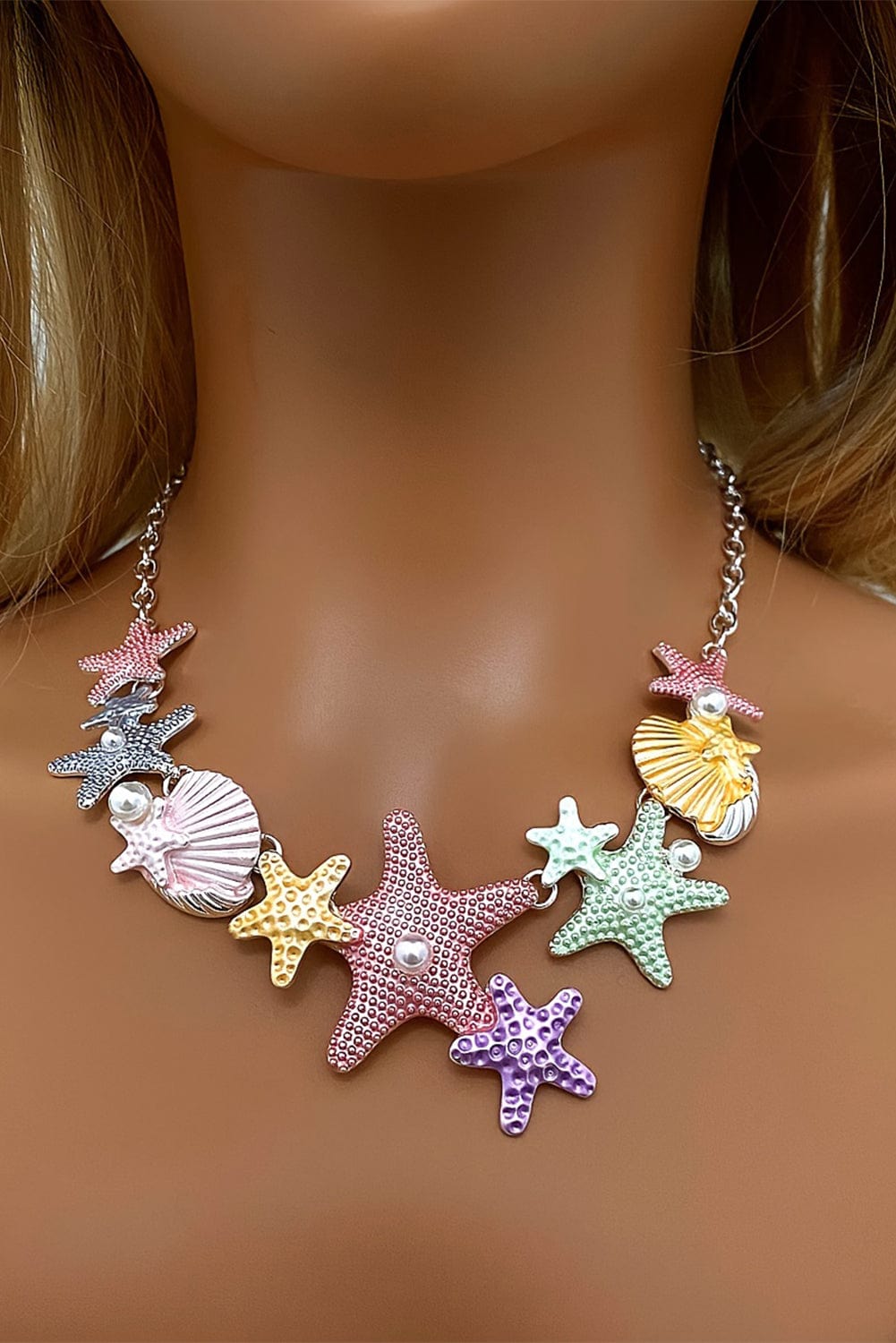 Gold Starfish Seashell Pearl Adjustable Chain Necklace