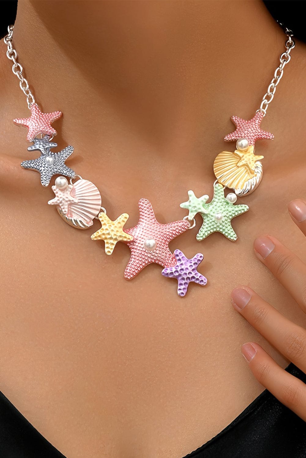 Gold Starfish Seashell Pearl Adjustable Chain Necklace