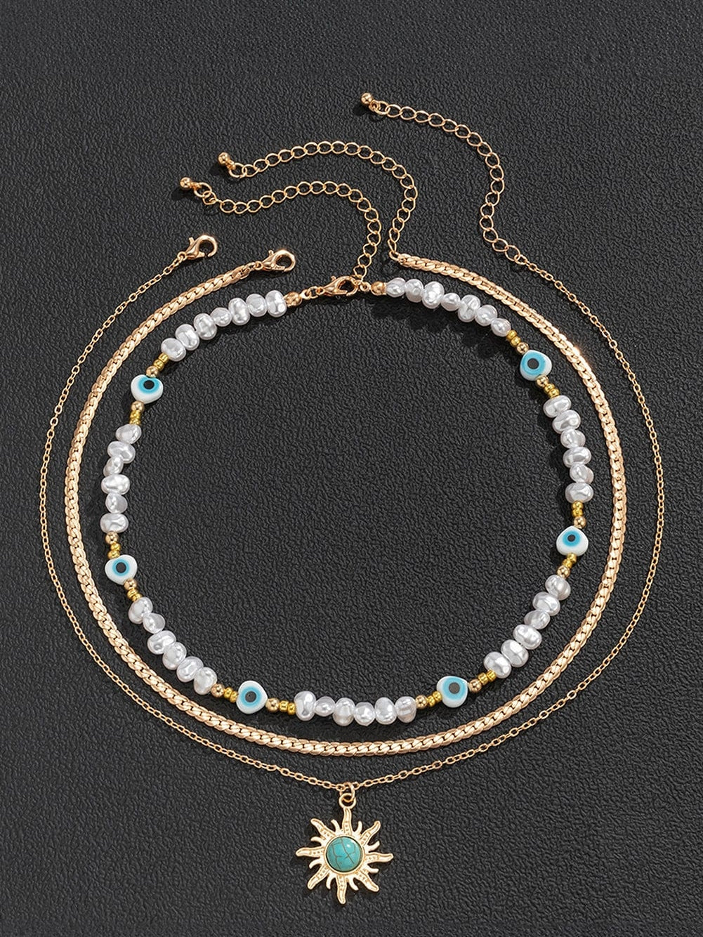 Gold Sun Turquoise Pearl Beaded Multi Layered Pendant Necklace