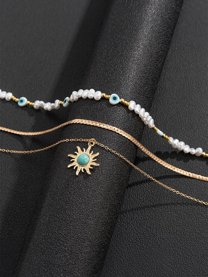 Gold Sun Turquoise Pearl Beaded Multi Layered Pendant Necklace