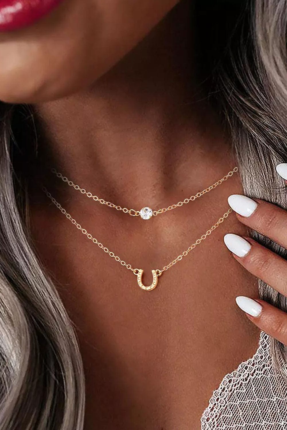 Golden Double-Layer Horseshoe and Diamond Necklace