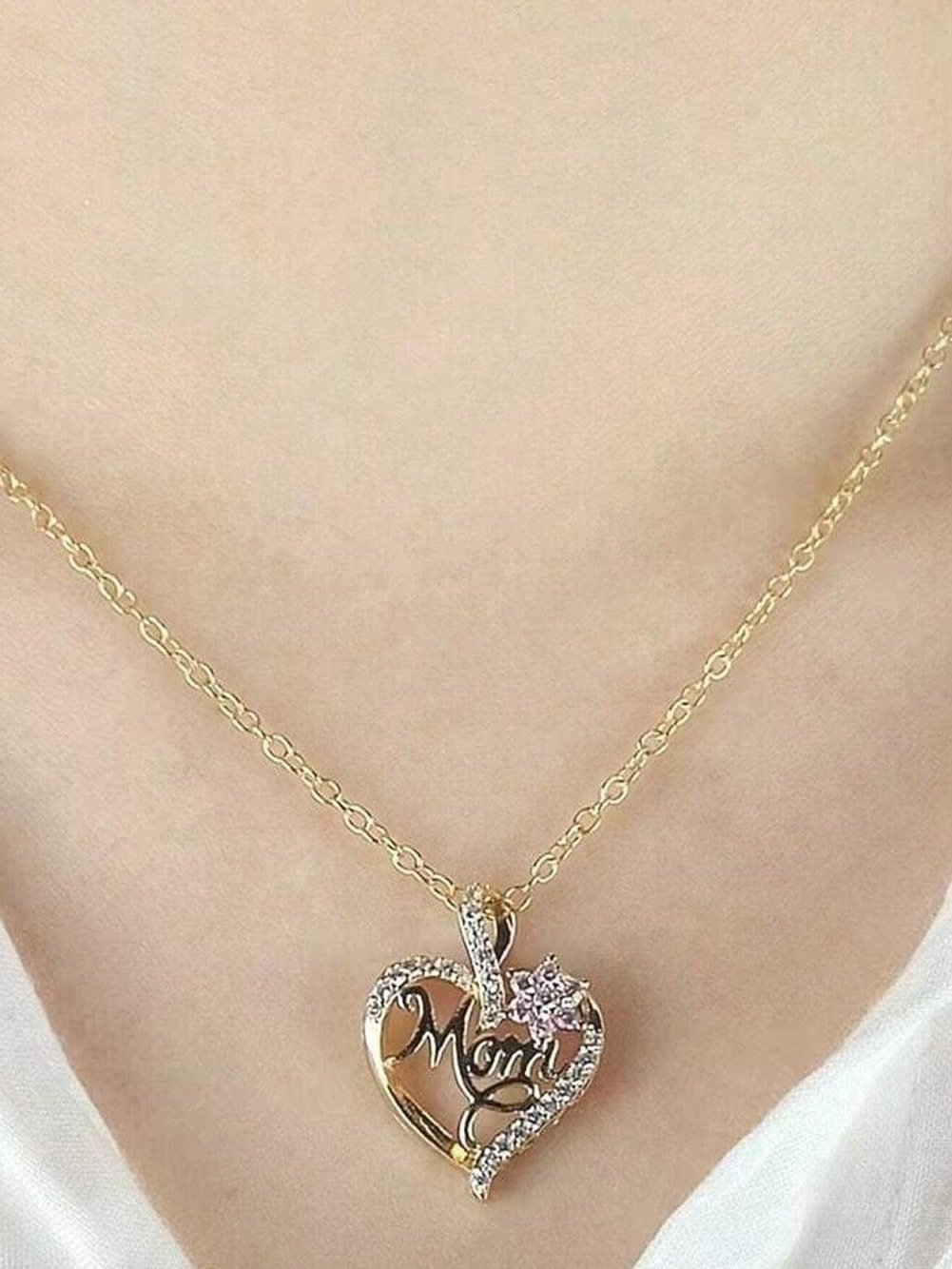 Golden Mom Rhinestone Floral Cut-out Heart Pendant