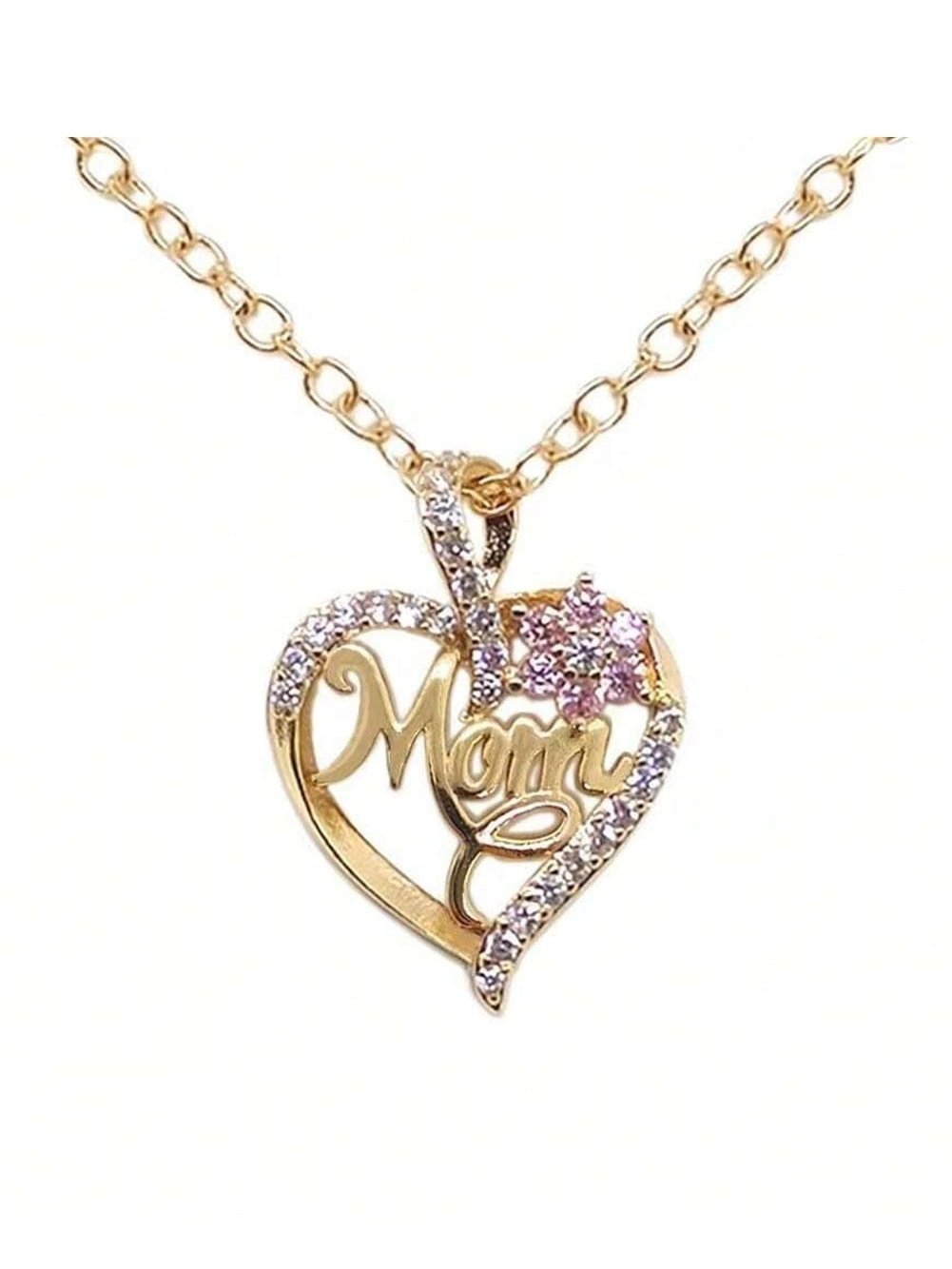 Golden Mom Rhinestone Floral Cut-out Heart Pendant