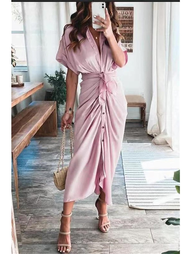 Women's Shirt Dress Casual Dress Work Dress Maxi long Dress Party Daily Holiday Satin Silk Fashion Elegant Shirt Collar Lace up Ruched Short Sleeve Summer Spring 2023 Regular Fit Black Pink Wine Pure - LuckyFash™