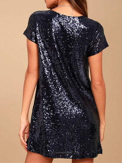 Women's Sequin Dress Holiday Dress Black Tie Dress Mini Dress Sequins Party Streetwear Sexy V Neck Short Sleeve Black Champagne Color