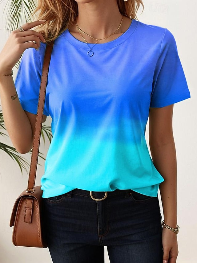 Women's T Shirt Tee Gradient Color Shirt Casual Holiday Crew Neck Short Sleeve Ombre Stylish Summer Top