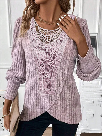 Women's Shirt Lace Shirt Blouse Plain Casual Lace Pink Long Sleeve Fashion Round Neck Spring