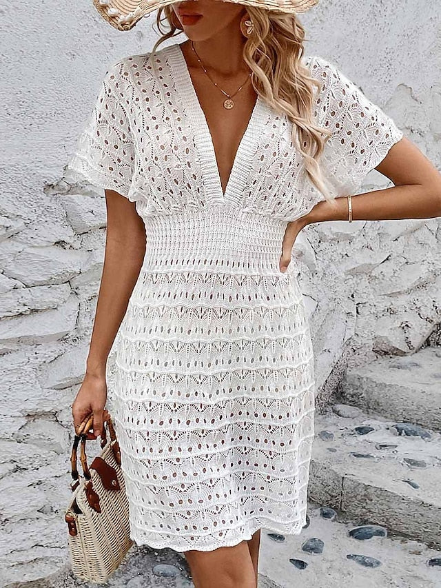 Women's White Dress Casual Dress Sheath Dress Mini Dress Backless Cut Out Vacation Beach Sexy Casual V Neck Short Sleeve Black White Blue Color