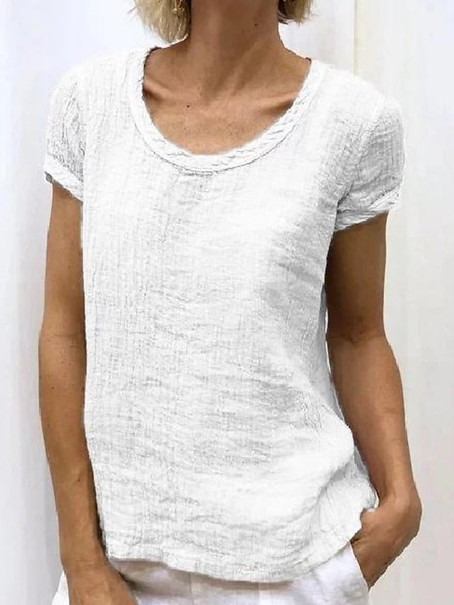 Women's Shirt Blouse Linen Plain Casual White Short Sleeve Basic Round Neck