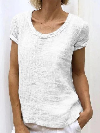 Women's Shirt Blouse Linen Plain Casual White Short Sleeve Basic Round Neck