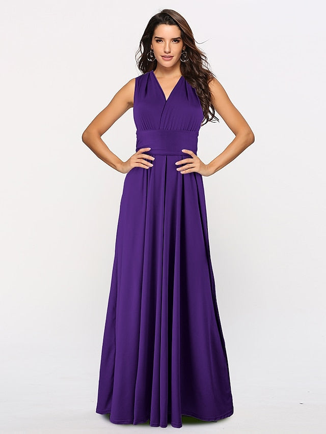 A-Line Bridesmaid Dress Halter / V Neck Sleeveless Convertible Floor Length Spandex with Sash / Ribbon / Pleats 2022 - LuckyFash™