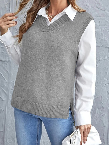 Women's Sweater Vest Pullover Sweater Jumper V Neck Ribbed Knit Nylon Acrylic Rayon Patchwork Summer Spring Fall Regular Home Daily Stylish Casual Soft Long Sleeve Solid Color Black Light Green Wine