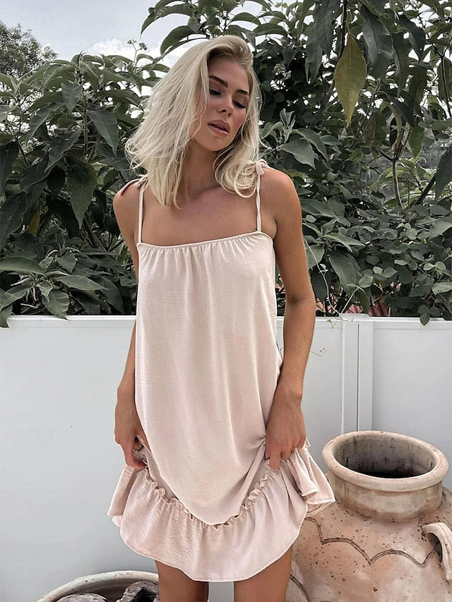 Women's Summer Dress Plain Dress Elegant Dress Mini Dress Lace up Date Vacation Beach Elegant Bohemia Spaghetti Strap Sleeveless Green Khaki Color