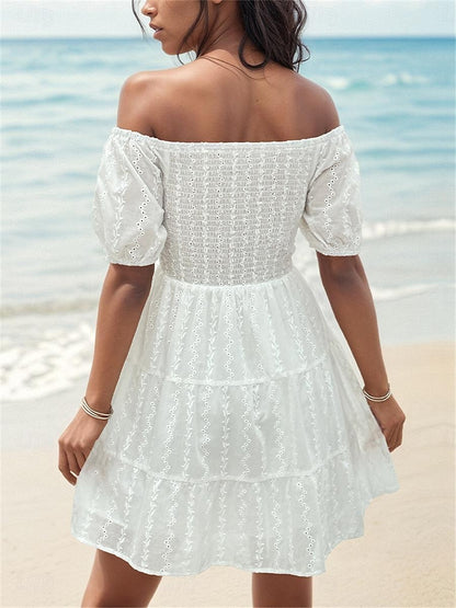 Women's White Dress Casual Dress A Line Dress Mini Dress Cotton Backless Date Vacation Streetwear A Line Off Shoulder Short Sleeve White Color