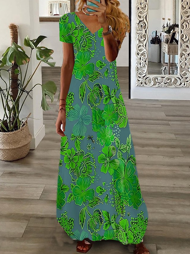 Women's Long Dress Maxi Dress Casual Dress Print Dress Graphic Floral Fashion Modern Daily Holiday Vacation Short Sleeve V Neck Dress Regular Fit White Pink Wine Summer Spring S M L XL 2XL 3XL 4XL 5XL - LuckyFash™