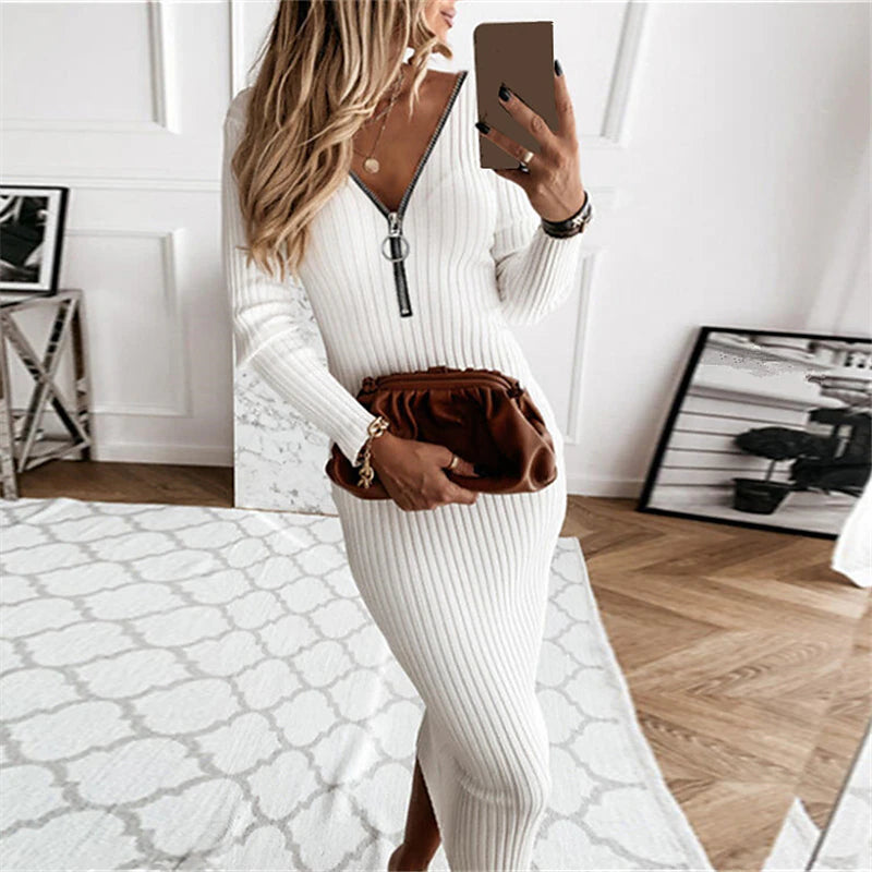 Women's Sweater Dress Jumper Dress Casual Dress Midi Dress Knitwear Fashion Elegant Dress Pure Color Winter Dress Daily Holiday Fall Dress Deep V Long Sleeve Zipper 2023 Regular Fit Black White khaki