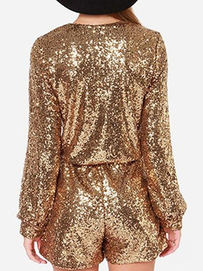 Women's Romper Sequin Solid Color V Neck Streetwear Party Prom Regular Fit Long Sleeve Silver Gold Red S M L Spring - LuckyFash™